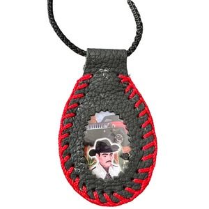 Jesus Malverde Scapular Necklace Leather Black Knotted Rope Red Trim NEW